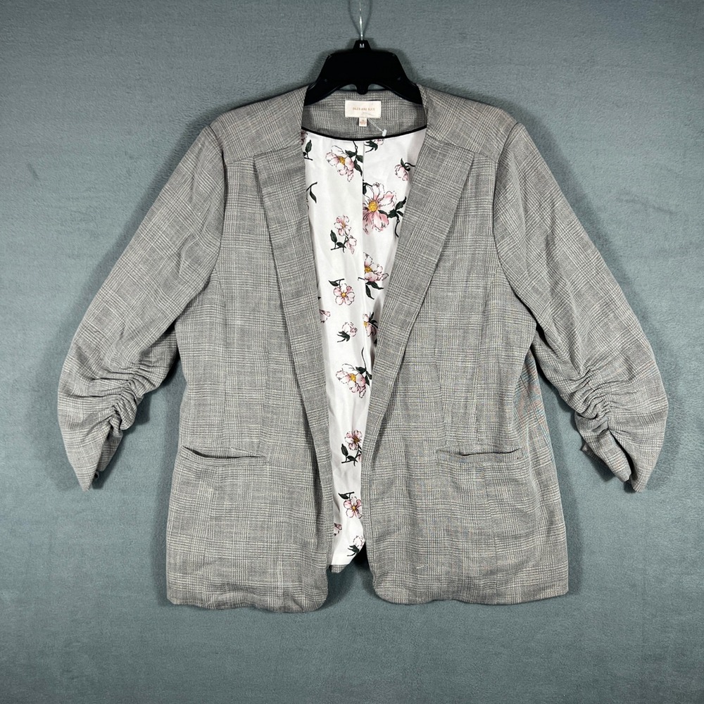 Skies Are Blue Womens Blazer XL Gray Plaid Ruched 3/4 Sleeve Floral Lining Open